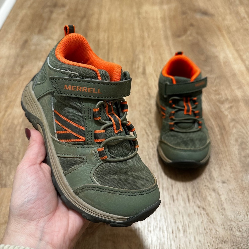 Merrell | Kids Leather Green Orange Outback Mid Hike Trail Shoes, Size 12 Mo.